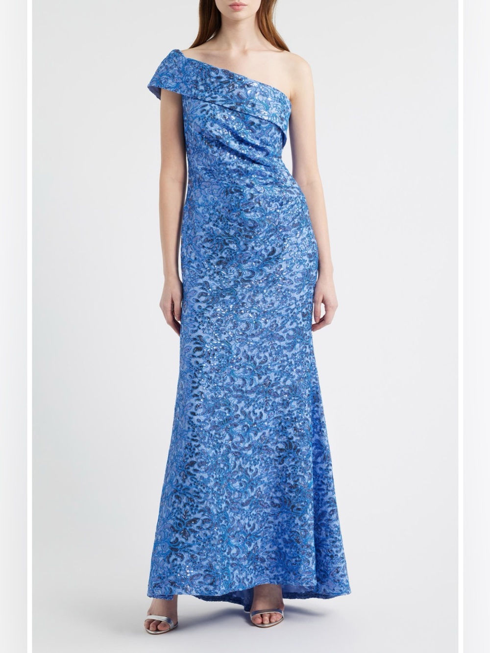 NEW Eliza J Rhinestone One-Shoulder Blue Sequin Mermaid Gown, Size 10